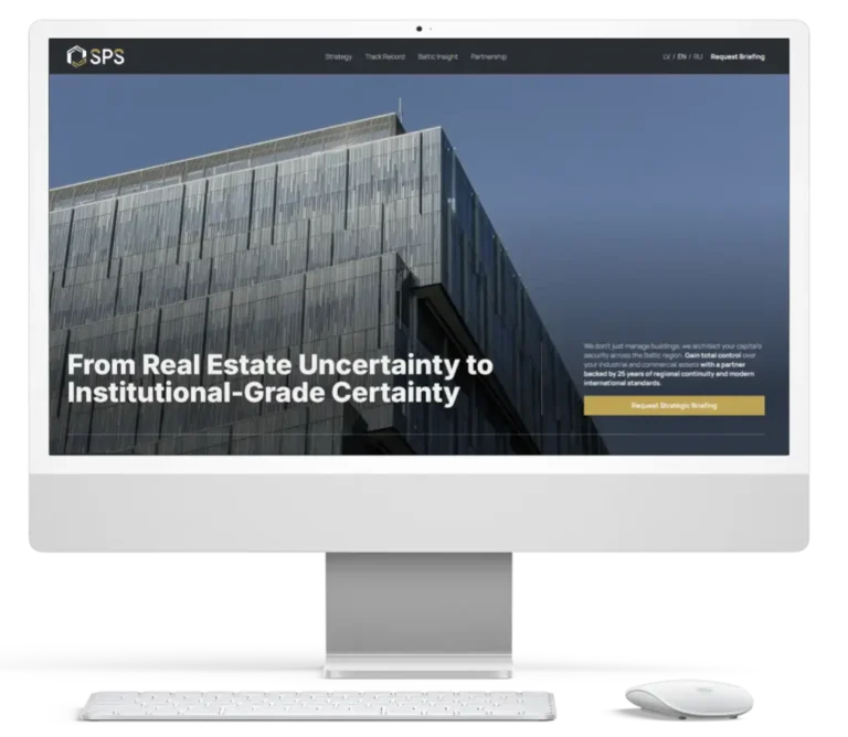 Сайт SPS Asset Management на экране компьютера — первый экран с заголовком и навигацией