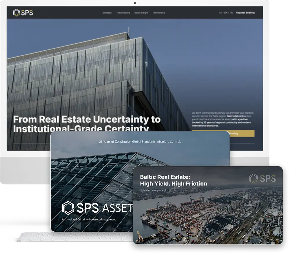 Цифровая экосистема SPS Asset Management — сайт на экране монитора, слайд корпоративной презентации и публикация LinkedIn